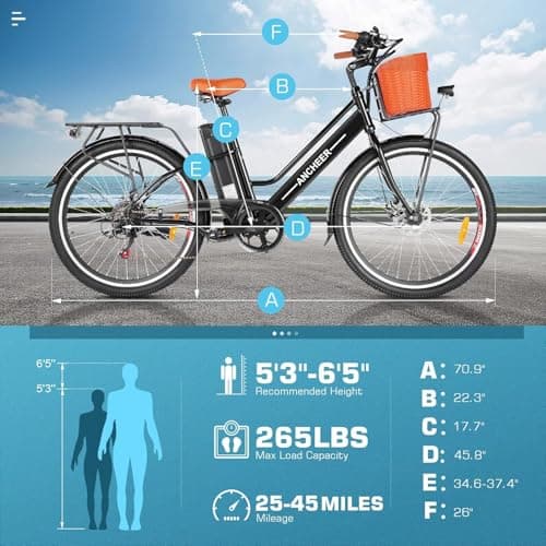 ANCHEER 26'' Electric Bike for Adults, Peak 750W Low Frame Electric City Bike with 48V/374Wh Battery, Up to 50Miles Step Through Commuter Ebike/Electric Bicycle with Basket, LCD Display 7