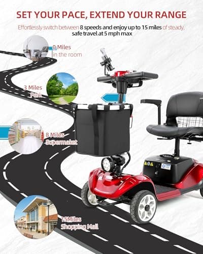 MobiCyc MS08 4-Wheel Mobility Scooter for Adults & Seniors, 18 Miles Removable Lithium Battery, 330 lbs Capacity, 350W Motor, Front/Rear Baskets, Phone Holder & Cup Holder, Compact(Red) 7