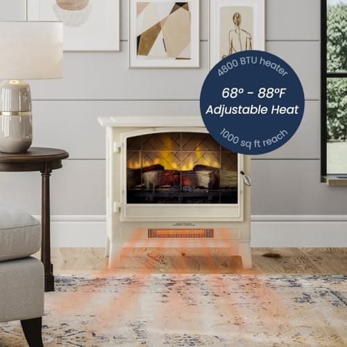 Country Living Infrared Freestanding Electric Fireplace Stove Heater in Cream | Multiple Flame Colors, Metal Design with Faux Wooden Logs | Alexa/WiFi Enabled - Remote Included 9