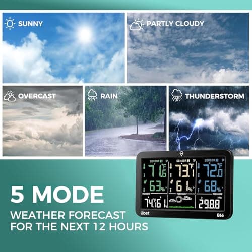 OBET Weather Station Wireless Indoor Outdoor Thermometer Wireless, Color Display Digital Temperature and Humidity Monitor with 3 Sensors, Alerts, Adjustable Backlight, USB Port (500 Feet) 5