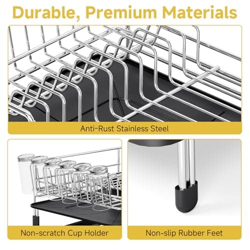 Urackify Large Dish Drying Rack - 304 Stainless Steel Dish Rack for Kitchen Counter, Extendable Dish Drainers with Cutlery & Cup Holders, Black 6