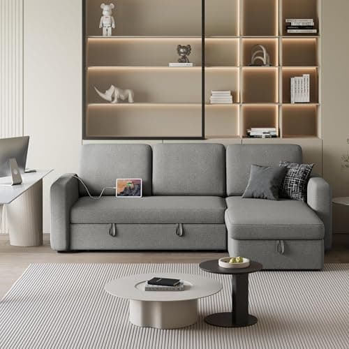 Yaheetech Sectional Sofa L-Shaped Sofa Couch Bed w/Chaise & USB, Reversible Couch Sleeper w/Pull Out Bed & Storage Space Living Room Light Gray 7