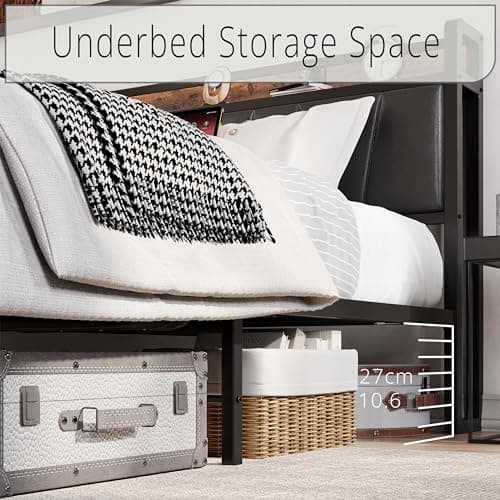 LIKIMIO King Bed Frame, Storage Headboard with Charging Station, Solid and Stable, Noise Free, No Box Spring Needed, Easy Assembly (Vintage and Black) 5