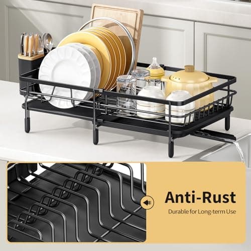 Expandable Dish Drying Rack for Kitchen Counter, Large Extendable Dish Rack with Bamboo Cover Cutlery Holder, Multifunctional Adjustable Dish Dryer Drainer 5