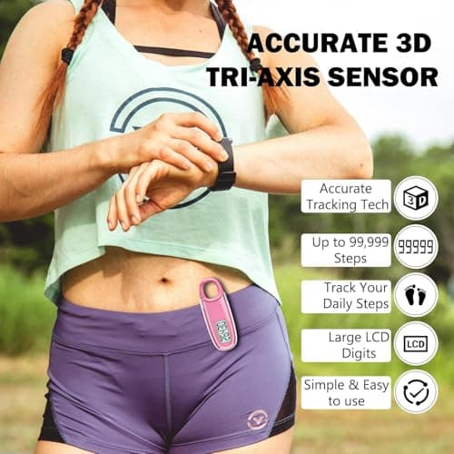 3D Pedometer for Walking with Removable Clip and Carabiner Simple Step Counter for Walking Accurate Clip On Step Tracker for Men Women Kids (Pink) 3