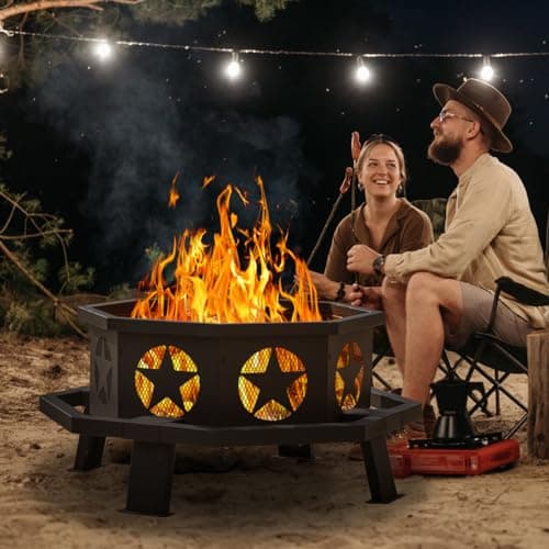 Panovue 35 inch Fire Pit for Outside, Heavy Duty Wood Burning Fire Pits with Fire Poker, Outdoor Octagonal Firepit for Camping, Yard, Patio 6