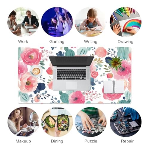 Colorful Star Large Mouse Pad, Pink Floral Desk Mat for Desktop, Women Girls Flowers PU Leather Waterproof Desk Pad, Computer PC Laptop Protector Gaming Mouse Pads for School Office Home 31.5" x 15.7" 6