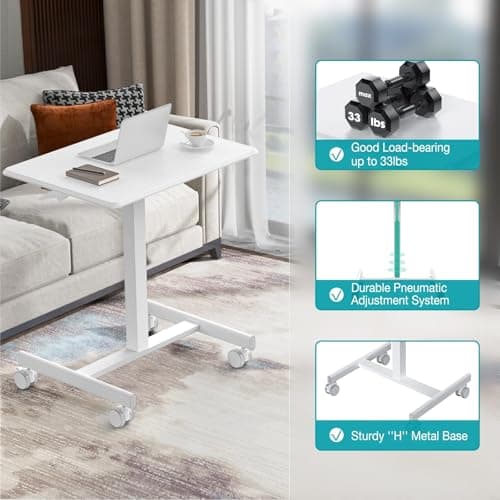 DUMOS Small Standing Desk Mobile Portable Rolling Laptop PC Table on Wheels Adjustable Height Computer Workstation for Home Office, 19 Inch, Pure White 5