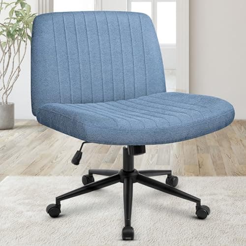 Orange Factory Criss Cross Chair Wheels Wide Cross Legged Office Desk Vanity Dual Base Comfy Fabric Armless Adjustable Swivel for Home Computer Task (Blue)