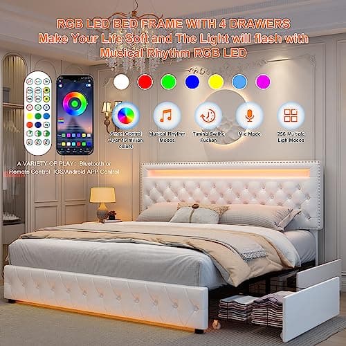 Queen Led Bed Frame with 4 Storage Drawers, with Smart Control RGBW LED Lights Headboard Footboard, Control DIY Color, Box Spring Optional, PU White 5