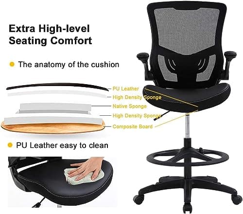 Drafting Chair Ergonomic Tall Office Chair Standing Desk Chair with Flip Up Arms Foot Rest Back Support Adjustable Height Mesh Drafting Stool, Black 5