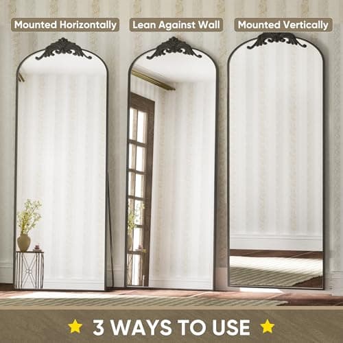 Antok Arched Full Length Mirror, 64"21" Floor Freestanding With Carved Metal Frame, Traditional Vintage Ornate Baroque, Full Body for Home Decor, Hanging Mounted, Black 6