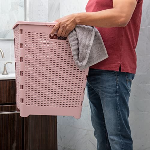 Mind Reader 61L Foldable Laundry Hamper, Clothes Basket, Lid, Wicker Design, Plastic, 18"L x 14.5"W x 21.25"H, Pink 6