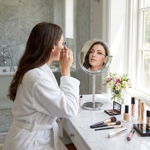 10X Magnifying Makeup Mirror on Round Stand for Tabletop, Bedroom Vanity Desk and Bathroom Counter - Free Standing Double Sided 10X/1X Magnification Mirror - 7" Wide and 14" Tall (Chrome) 8