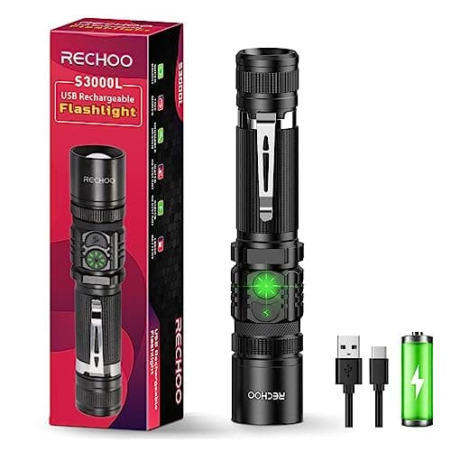 RECHOO Flashlight Rechargeable High Lumens, Dual Switch Rechargeable LED Flashlight 1 Pack, Adjustable Foucs 5 Lighting Modes Flashlights for Home, Camping, Gifts for Men