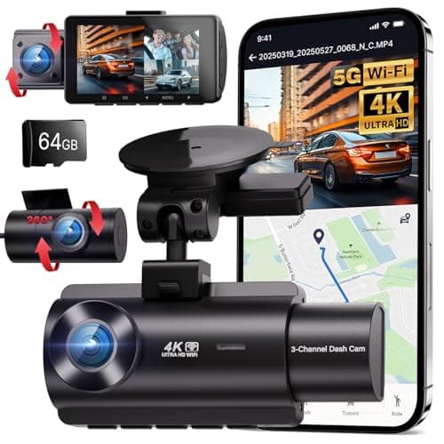 QCONTROL 3 Channel Dash Cam, Built-in 5G WiFi and GPS, 4K+1080P+1080P Dash Camera for Cars, Car Camera with 3-Inch Screen, IR Night Vision, 24Hr Parking Mode, G-Sensor, 64GB Card