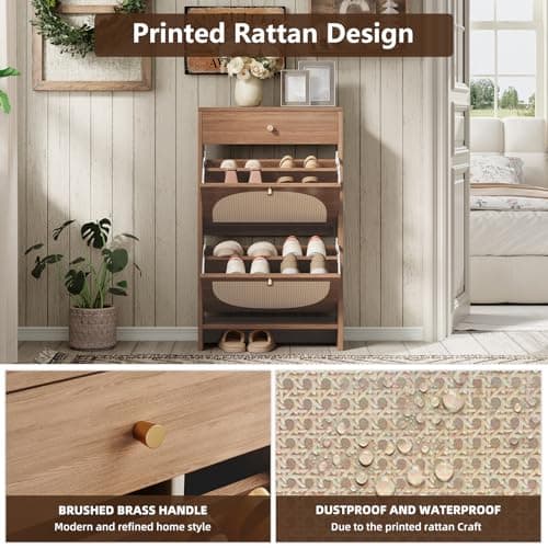 Nicetree Shoe Cabinet Storage for Entryway, Narrow Shoe Rack with 2 Flip Drawers and 1 Drawer, Freestanding Shoe Organizers with 3-Tier Adjustable Shelves for Hallway Foyer Rustic 5