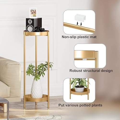 Philodwell Metal Gold Tall Plant Stand Indoor or Outdoor - 30 inch 2 Tier Modern Corner Planter Shelf Rack with 2 Removable Display Shelves(10 inch) for Bedroom Living Room Balcony 2