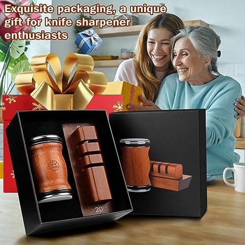 Rolling Knife Sharpener Tool Kit, 5-in-1 Knife Sharpening for Steel of any Hardness, Magnetic Base with Two Fixed Angles - 15°&20°，Wooden Roller with Diamond and Ceramic Discs 5