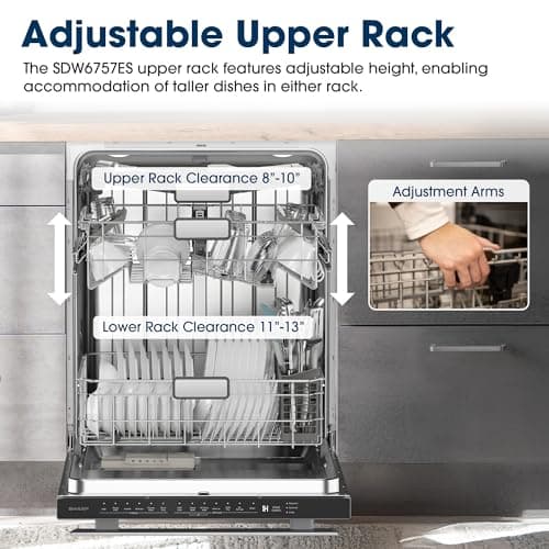 SHARP SDW6757ES Slide-In Dishwasher, Stainless Steel Finish, 24" Wide, Soil Sensors, Premium White LED Interior Lighting, Smooth Glide Rails, Heated Dry Option, Responsive Wash Cycles, Power Wash Zone 5