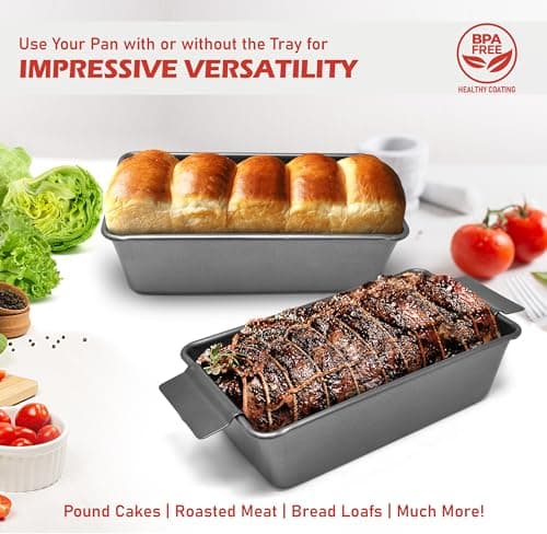 PERLLI Meat Loaf Pan with Drip Tray – 2 Pc. 9.8 x 5.7 In. High-Carbon-Steel Nonstick Meatloaf Pan with Drain Tray – Large BPA-Free Oven Loaf Pan for Baking, Bread, Cakes, Roasting Meat, & More 5