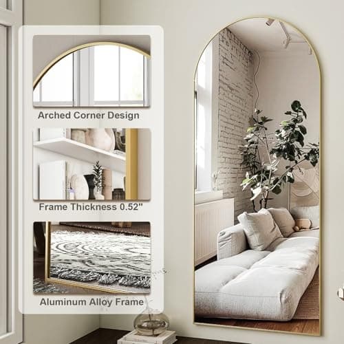 HARRITPURE 64"x21" Arched Full Length Mirror Free Standing Leaning Hanging Mounted Mirror Aluminum Frame Modern Simple Home Decor for Living Room Bedroom Cloakroom, Gold 5