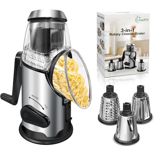 Lienffy Rotary Cheese Grater with Handle,3 Changeable Blades for Kitchen Vegetable Cheese Shredder Slicer Grater,Nut Grinder,Easy to Use and Clean,Stainless Steel-Black Silver