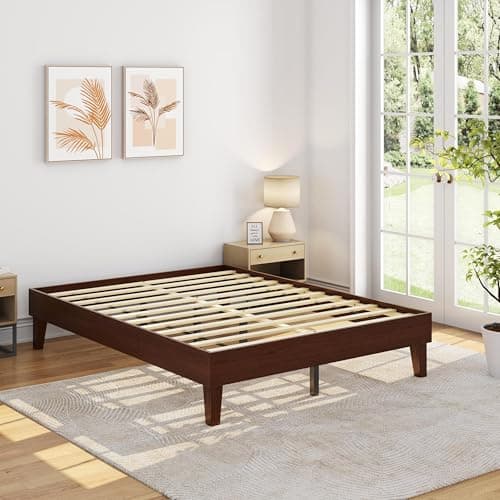Yaheetech Queen Bed Frame Natural Solid Wood Platform Bed with Wooden Slats Support, 7.3-inch Underbed Space for Storage, Noise-Free Design, Easy Assembly, Dark Walnut Finish