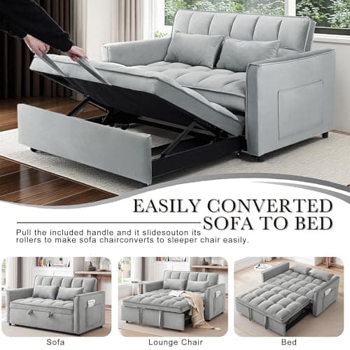 howcool 3 in 1 Convertible Sleeper Sofa Bed, Futon Couches for Living Room with Side Pocket | Adjustable Backrest | Velvet Fabric | Pull Out Couch | Small Loveseat | Sectional Sofa Bed, Grey 5