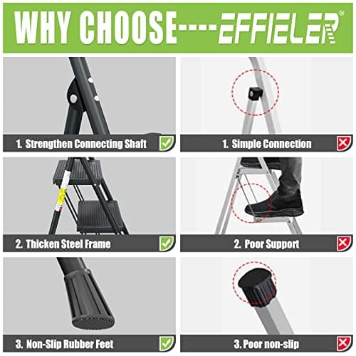 3 Step Ladder EFFIELER Folding Step Stool with Wide Anti-Slip Pedal, 500 lbs Sturdy Steel Ladder, Convenient Handgrip, Lightweight, Portable Steel Step Stool for Household, Kitchen (Matte Black) 5