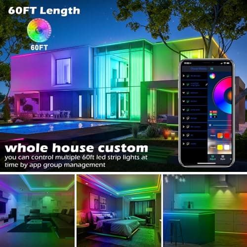 AILBTON Led Strip Lights,60ft Music Sync Color Changing, Built-in Mic,Bluetooth App Control LED Tape Lights with Remote,5050 RGB Rope Light Strips 2