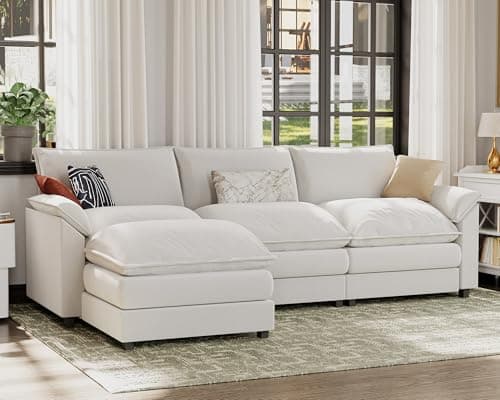 JUMMICO 119” Sectional Sofa Modern Deep Couch with Reversible Ottoman, L-Shaped Chenille Fabric Modular Sofa Sleeper Comfy for Living Room/Bedroom/Apartment (White, L Shaped Sofa)