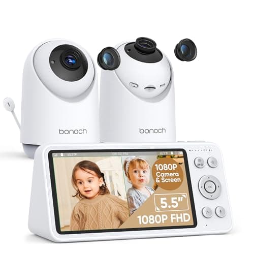 bonoch 5.5“ 1080p Baby Monitor with 2 Cameras, Split-Screen Baby Monitor with Camera and Audio, 7800mAh, Local Storage&Playback, Motion&Sound Detect, Hack Proof, 1800ft Range, 110° Wide-Angle Lens