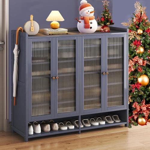 FAVEDECOR Bamboo Shoe Cabinet with Doors, 8 Tier Free Standing Shoe Rack, 36-40 Pairs Shoe Organizer for Hallway Office Living Room (Gray-2)