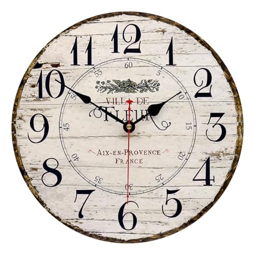 Toudorp 14 Inch Retro Vintage French Country Style Round Wooden Wall Clock Silent Battery Operated Non-Ticking Decorative Clock for Kitchen Farmhouse Bedroom Home Wall