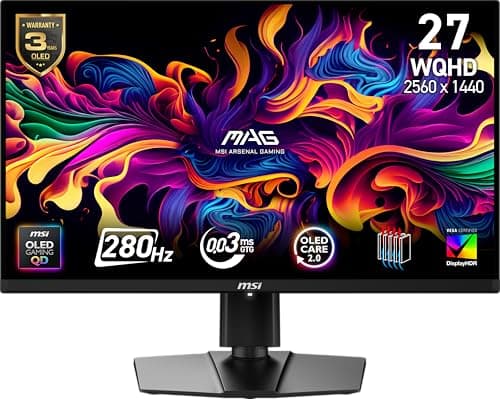 msi MAG 271QP QD-OLED X28 27-inch 2560 x 1440 (QHD) Gaming Monitor, 280Hz, Adaptive-Sync, HDR Ready, HDMI, VGA Port, VESA Mountable, Tilt, 4-Side Slim Bezel, 0.03ms, Black