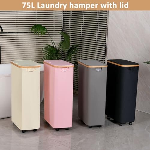 iEGrow 75L Laundry Hamper with Wheels,Clothes Hamper for Laundry,Slim Laundry Basket with Lid & Inner Bag,for Laundry Room, Bedroom, Dormitory Organization,Beige 6