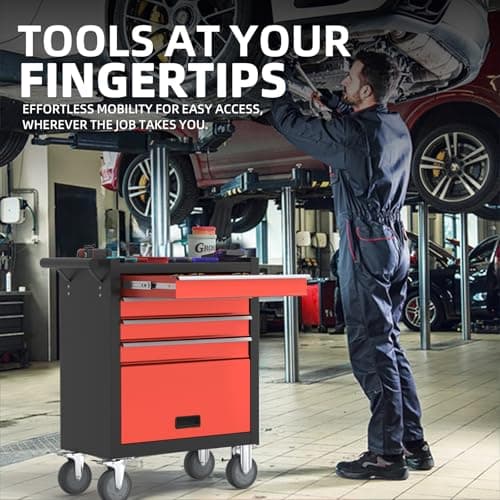 Black&Red 4-Drawer Metal Tool Chest with Lockable Drawers - Rolling Tool Box Organizer for Garage, Workshop & Home Repair 7