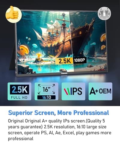 2.5K 144Hz Portable Gaming Monitor 16", 2560x1600, Plug & Play, 100% sRGB, 500nits, 16:10, Eye Care Second Computer Display with Speakers for Laptop, PC, Mac, P-S4/5, Sw-tch, X-BO, USB-C/HDMI, (K16G) 5