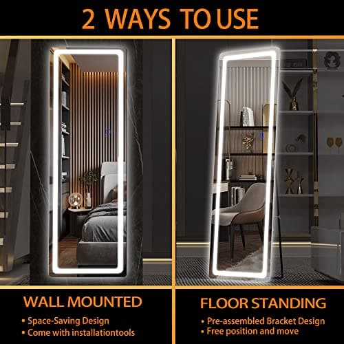 Hasipu Full Length Mirror with Lights, 56" x 16" LED Floor Mirror, Full Body Dressing Standing, Hanging Mounted Mirror for Living Room Bedroom Cloakroom, Round White 5