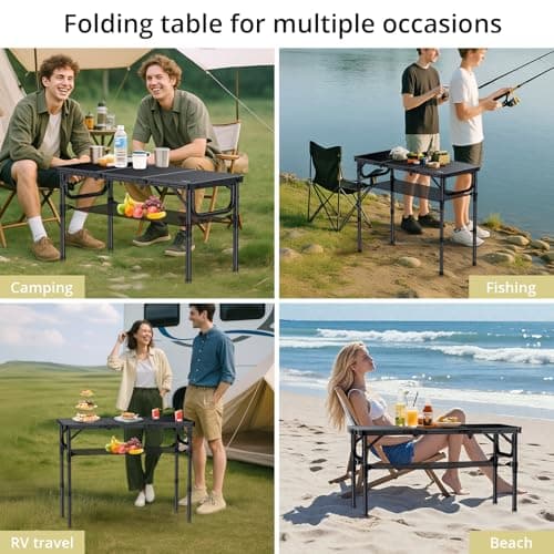 Anbte Folding Camping Table with Storage Net, 3ft Camping Table Aluminum Folding Table with 3 Adjustable Height Max 27.5 Inch Picnic Table Portable Table for Outdoor Backyard BBQ, Pure Black 6