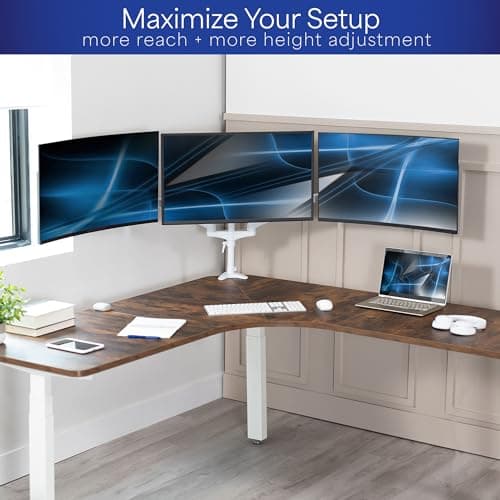 VIVO 17 to 32 inch Triple Pneumatic Monitor Mount, 2 Pneumatic Arms, 1 Fixed, Adjustable Swivel, Rotation, Heavy Duty VESA Desk Stand with C-clamp, Max VESA 100x100, White, STAND-V300GW 6