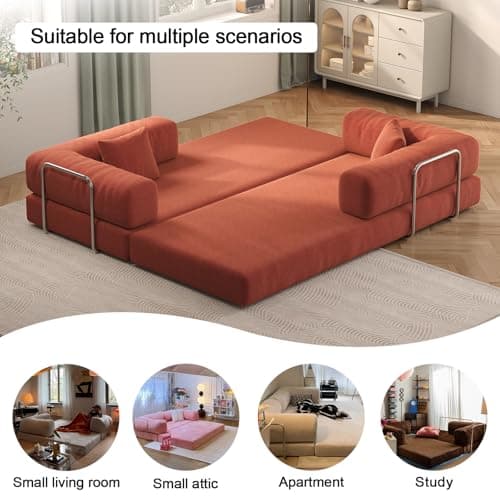 5-in-1 Folding Convertible Sofa Bed, Loveseat Sleeper with Pull-Out Bed, Floor Sofa Modular Futon Couch, 79" Oversized Corduroy Upholstered Boneless Couch for Living Room, Bedroom, Lounge, Orange 5
