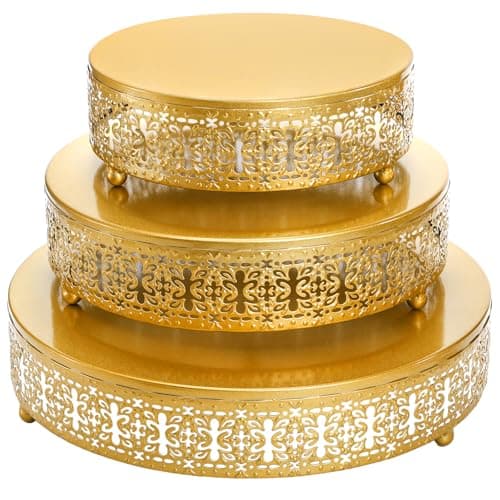 Youeon Gold Round Cake Stand Set of 3, 12/10/8 Inch Metal Hollow Cake Pedestals with Low Feet, Dessert Display Stands for Wedding, Birthday, Party, Anniversary & Holiday Entertaining