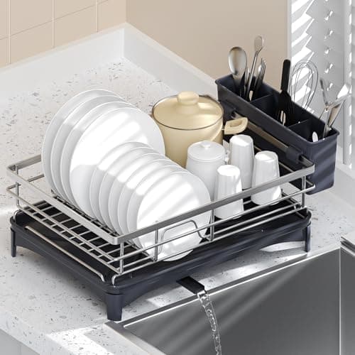PXYHMUS Stainless Steel Kitchen Counter Dish Drying Rack with Drainer and Cutlery Holder, 16.5" D x 11.8" W x 6.29" H 6
