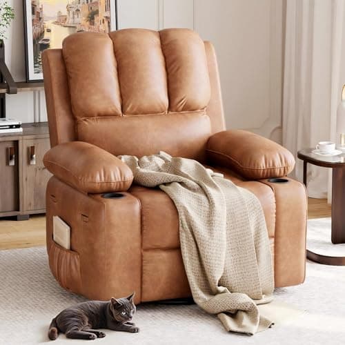 GarveeHome Recliner Chair, 360° Swivel Rocker Recliners with Heat & Massage, Soft Lazy Boy Recliner Chair with 2 Cup Holders and Side Pocket for Living Room Bedrooms and Nurseries -Retro Brown
