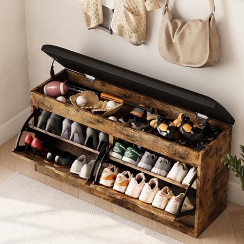 astimey 40" Shoe Storage Bench with 2 Flip Drawers & Padded Seat Cushion, Shoe Cabinet with Lift Top Storage Box, Shoe Bench Shoe Organizer for Entryway, Hallway, Living Room, Vintage Brown 8