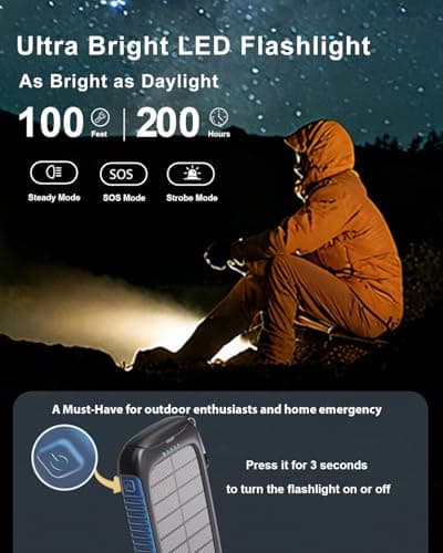 solar power bank, 20000mAh portable charger 5V/3A Fast Charging with USB-A and USB-C Ports battery bank Compatible with iPhone,Samsung,Waterproof,Emergency LED Flashlights for Camping, Hiking,Outdoor 8