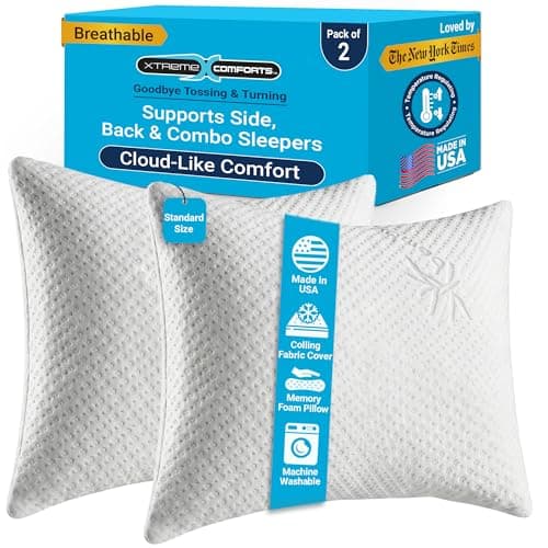 Xtreme Comforts 2-Pack Memory Foam Pillows Made in The USA - Standard Size, Slim Cooling Pillow for Sleeping on Side, Back & Stomach - Firm and Soft Bed Pillows