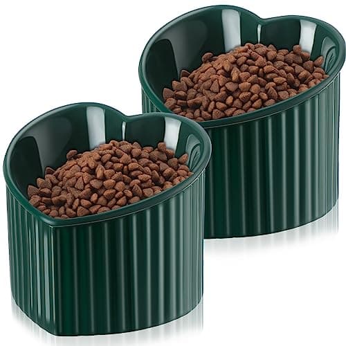 Mumufy 2 Pcs Ceramic Elevated Cat Bowls Tilted Elevated Raised Pet Bowls Anti Vomit Cat Dish for Indoor Stress Free Water Dish Feeder for Puppies, Heart Shaped(Peacock Green)